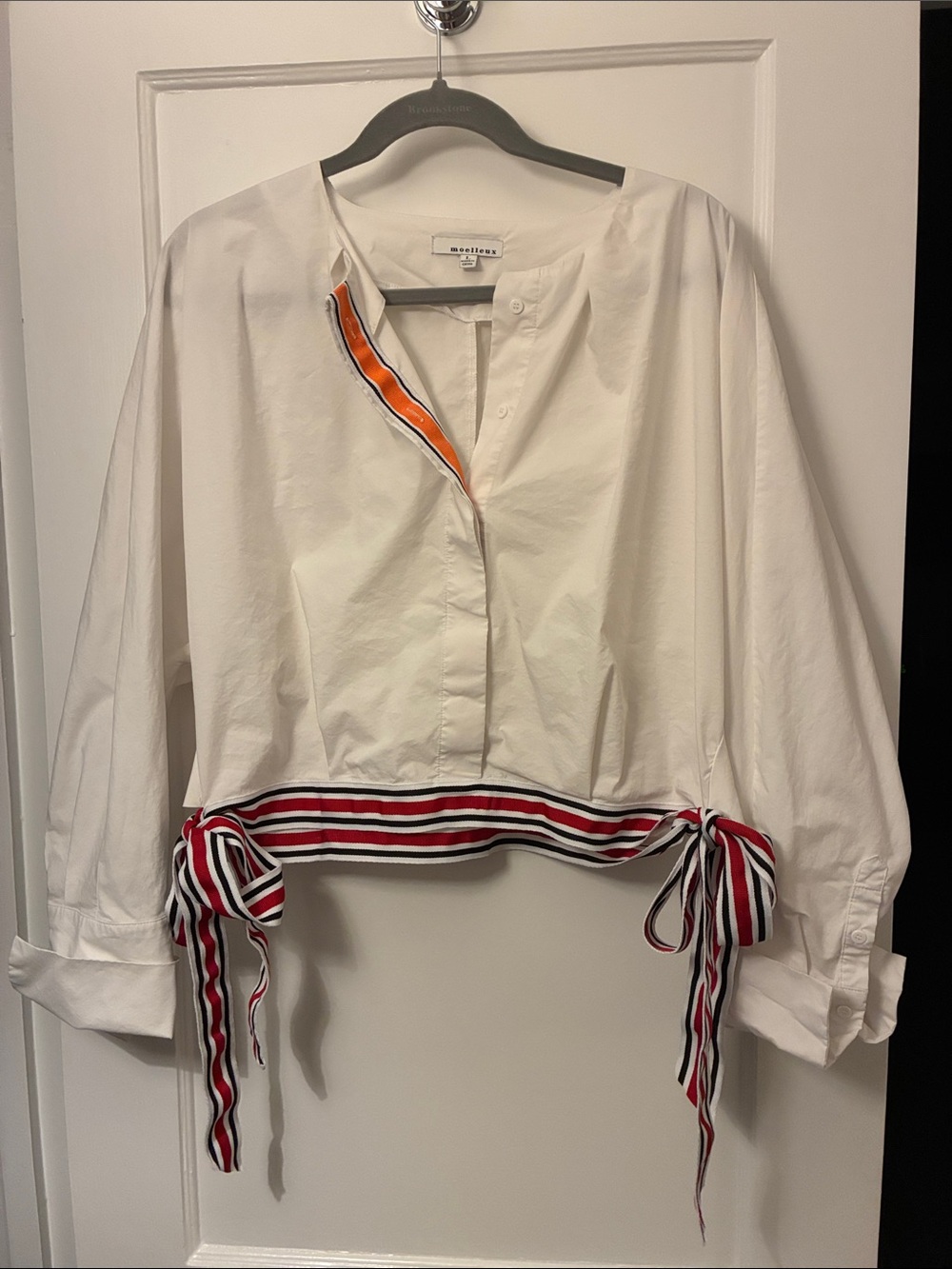 Women’s White Button-Front Top with Red Stripe Hem